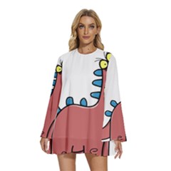 Dinosaur Dragon Drawing Cute Round Neck Long Sleeve Bohemian Style Chiffon Mini Dress by Ndabl3x