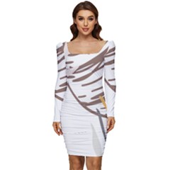 Abstract Hand Vine Lines Drawing Women Long Sleeve Ruched Stretch Jersey Dress