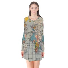 Vintage World Map Long Sleeve V-neck Flare Dress by Ndabl3x