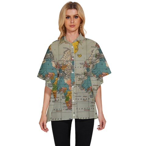 Vintage World Map Women s Batwing Button Up Shirt by Ndabl3x