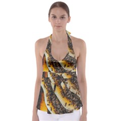 Yellow And Black Bees On Brown And Black Tie Back Tankini Top by Ndabl3x