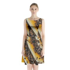 Yellow And Black Bees On Brown And Black Sleeveless Waist Tie Chiffon Dress by Ndabl3x