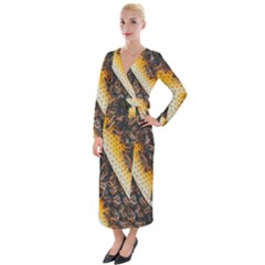 Yellow And Black Bees On Brown And Black Velvet Maxi Wrap Dress by Ndabl3x