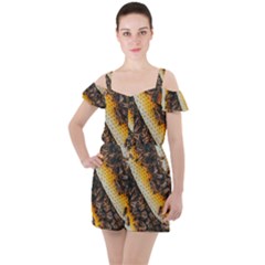 Yellow And Black Bees On Brown And Black Ruffle Cut Out Chiffon Playsuit by Ndabl3x