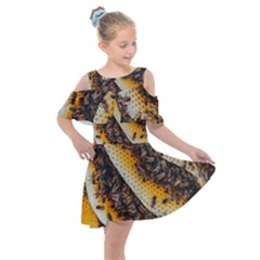 Yellow And Black Bees On Brown And Black Kids  Shoulder Cutout Chiffon Dress by Ndabl3x