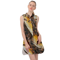 Yellow And Black Bees On Brown And Black Sleeveless Shirt Dress by Ndabl3x