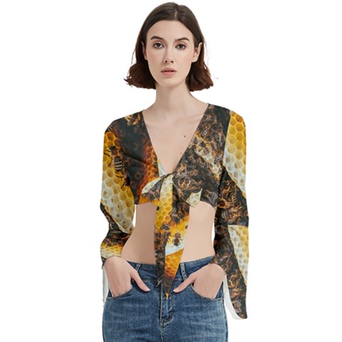 Yellow And Black Bees On Brown And Black Trumpet Sleeve Cropped Top by Ndabl3x