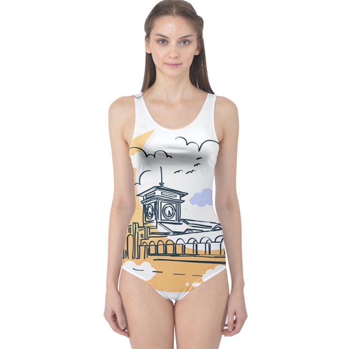 Poster Map Flag Lotus Boat One Piece Swimsuit