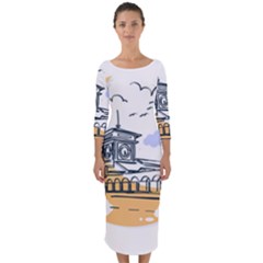 Poster Map Flag Lotus Boat Quarter Sleeve Midi Bodycon Dress