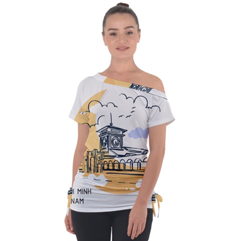 Poster Map Flag Lotus Boat Off Shoulder Tie-up T-shirt by Grandong