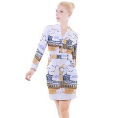 Poster Map Flag Lotus Boat Button Long Sleeve Dress by Grandong