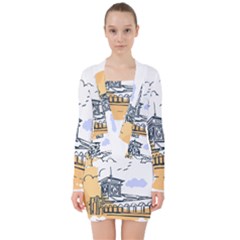 Poster Map Flag Lotus Boat V-neck Bodycon Long Sleeve Dress by Grandong