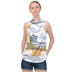 Poster Map Flag Lotus Boat High Neck Satin Top by Grandong