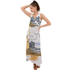 Poster Map Flag Lotus Boat V-neck Chiffon Maxi Dress by Grandong