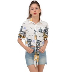 Poster Map Flag Lotus Boat Tie Front Shirt  by Grandong