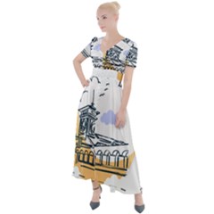 Poster Map Flag Lotus Boat Button Up Short Sleeve Maxi Dress by Grandong