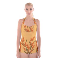 Yellow Flowers Flowers Watercolor Boyleg Halter Swimsuit  by Grandong