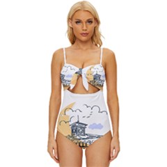 Poster Map Flag Lotus Boat Knot Front One-piece Swimsuit by Grandong