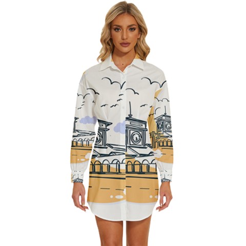 Poster Map Flag Lotus Boat Womens Long Sleeve Shirt Dress by Grandong