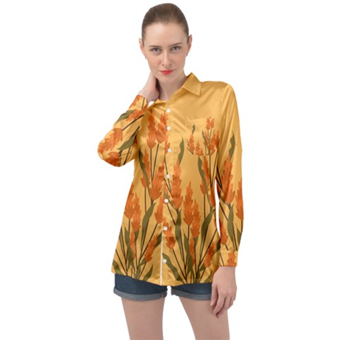 Yellow Flowers Flowers Watercolor Long Sleeve Satin Shirt by Grandong