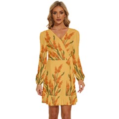 Yellow Flowers Flowers Watercolor Long Sleeve Waist Tie Ruffle Velvet Dress by Grandong