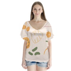 Cherries Flower Leaves Floral V-neck Flutter Sleeve Top by Grandong