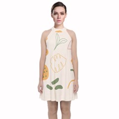 Cherries Flower Leaves Floral Velvet Halter Neckline Dress  by Grandong