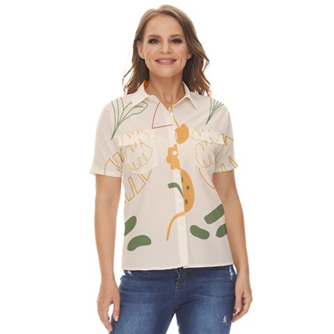 Cherries Flower Leaves Floral Women s Short Sleeve Double Pocket Shirt by Grandong