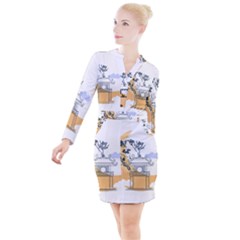 Poster Map Flag Lotus Boat Ha Noi Vietnam Button Long Sleeve Dress by Grandong