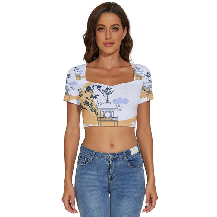 Poster Map Flag Lotus Boat Ha Noi Vietnam Short Sleeve Square Neckline Crop Top 