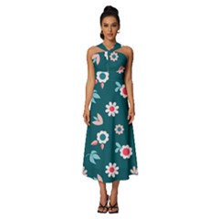 Cute Flowers Seamless Model Spring Sleeveless Cross Front Cocktail Midi Chiffon Dress by Grandong