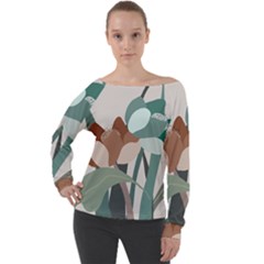 Flowers Plants Leaves Foliage Off Shoulder Long Sleeve Velour Top by Grandong