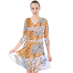 Doodle Flower Floral Abstract Quarter Sleeve Front Wrap Dress by Grandong