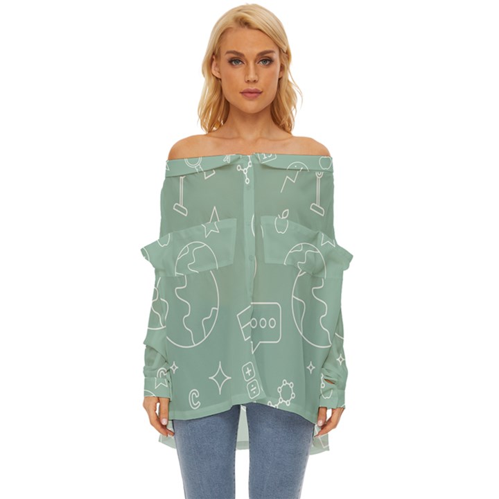 Board Chalk School Earth Book Off Shoulder Chiffon Pocket Shirt