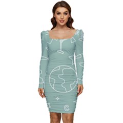 Board Chalk School Earth Book Women Long Sleeve Ruched Stretch Jersey Dress by Grandong