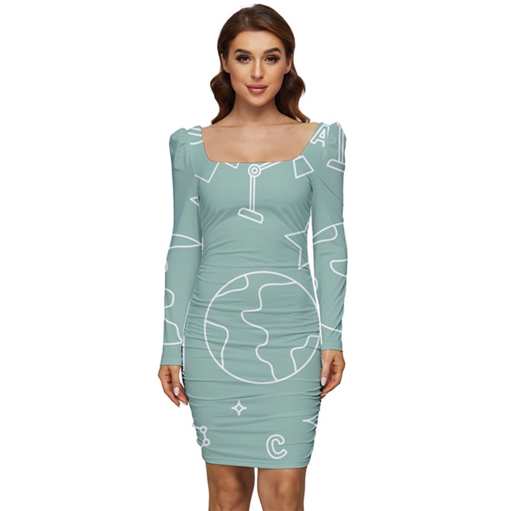 Board Chalk School Earth Book Women Long Sleeve Ruched Stretch Jersey Dress