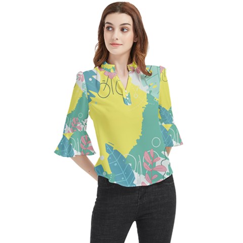 Plants Eaves Border Frame Loose Horn Sleeve Chiffon Blouse by Grandong