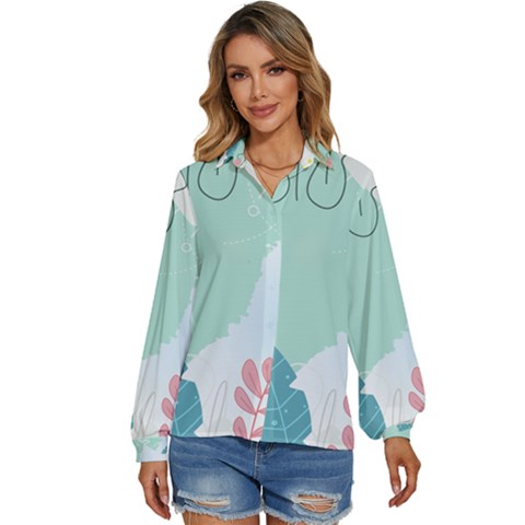 Plants Leaves Border Frame Women s Long Sleeve Button Up Shirt by Grandong