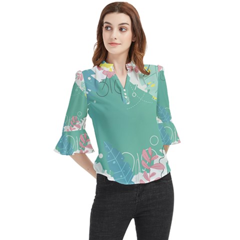 Plant Leaves Border Frame Loose Horn Sleeve Chiffon Blouse by Grandong