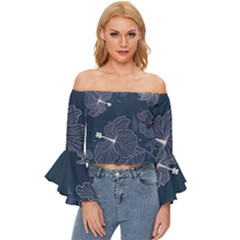 Flowers Petals Leaves Foliage Off Shoulder Flutter Bell Sleeve Top by Grandong