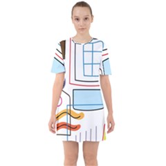 Sketch Line Art Doodles Design Sixties Short Sleeve Mini Dress by Grandong