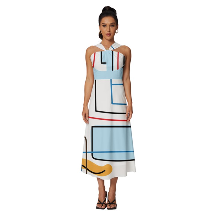 Sketch Line Art Doodles Design Sleeveless Cross Front Cocktail Midi Chiffon Dress