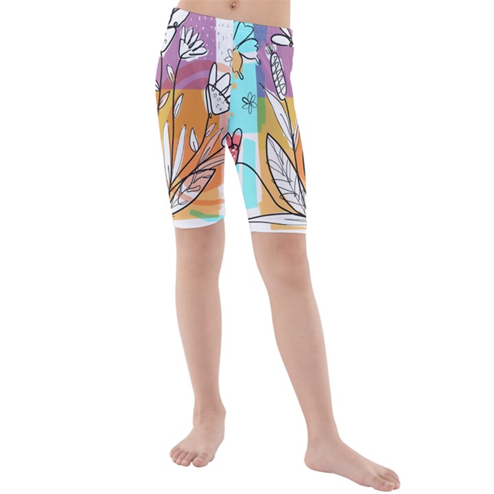 Flower Leaves Foliage Grass Doodle Kids  Mid Length Swim Shorts