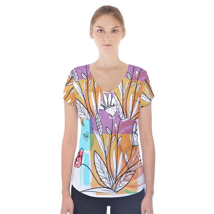 Flower Leaves Foliage Grass Doodle Short Sleeve Front Detail Top