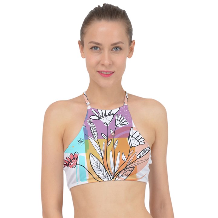 Flower Leaves Foliage Grass Doodle Halter Bikini Top