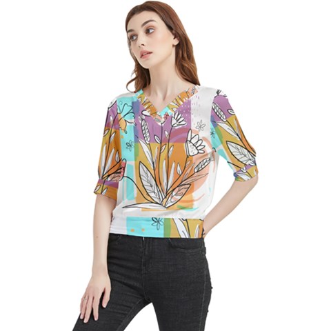 Flower Leaves Foliage Grass Doodle Quarter Sleeve Blouse by Grandong