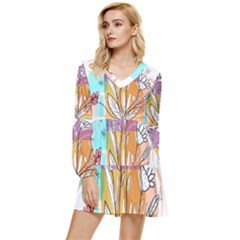 Flower Leaves Foliage Grass Doodle Tiered Long Sleeve Mini Dress by Grandong