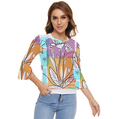 Flower Leaves Foliage Grass Doodle Bell Sleeve Top by Grandong