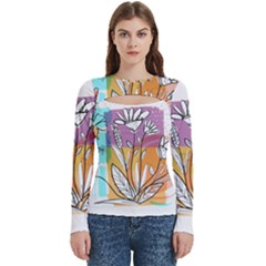 Flower Leaves Foliage Grass Doodle Women s Cut Out Long Sleeve T-shirt