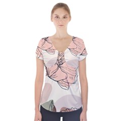 Abstract Flower Leaves Pattern Short Sleeve Front Detail Top by Grandong